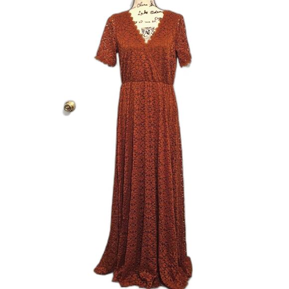 Baltic Born Venice Lace Maxi Dress XL Rust Deep Front Back V-Neck Tie Back Lined - Picture 1 of 11